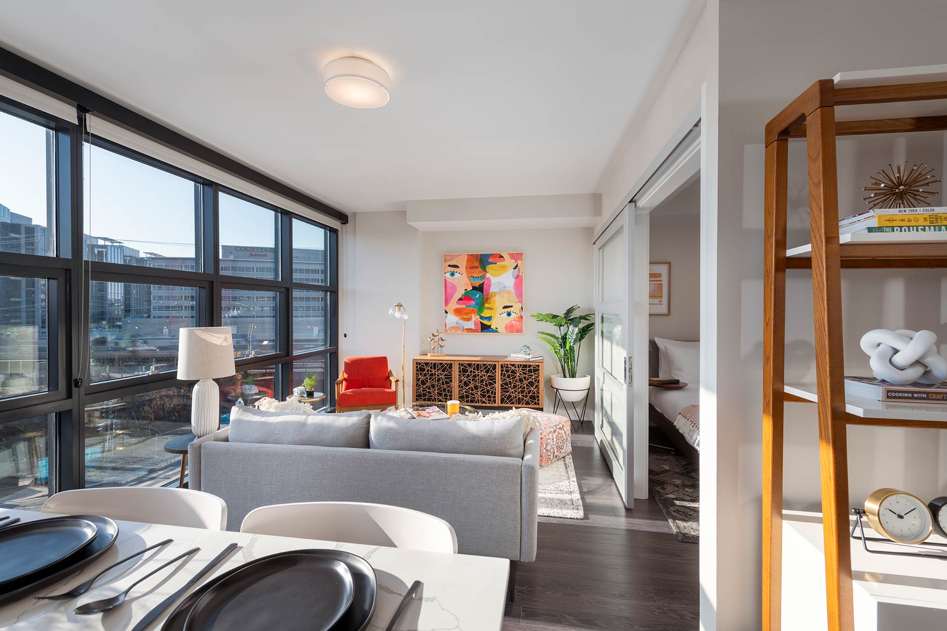 open floor plan living room kitchen dining