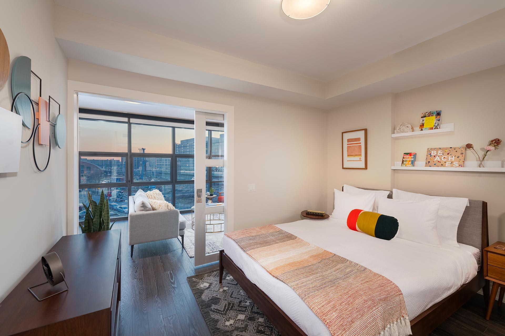 bedroom pocket door opens to living room