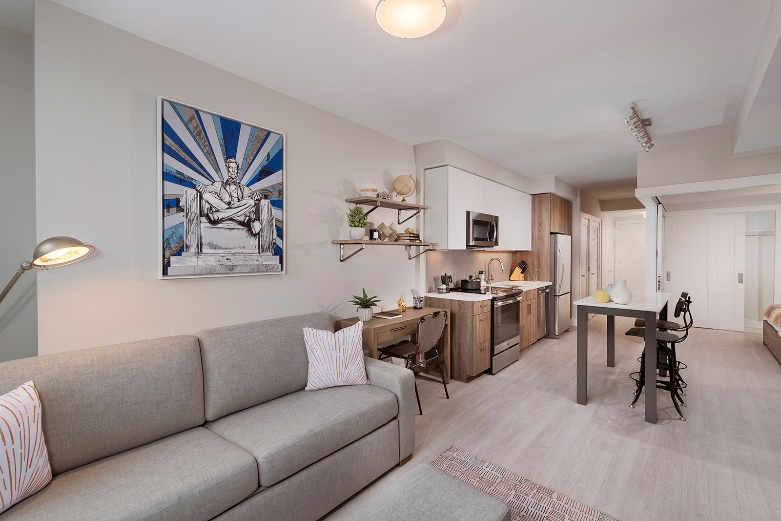 open floor plan living room kitchen dining