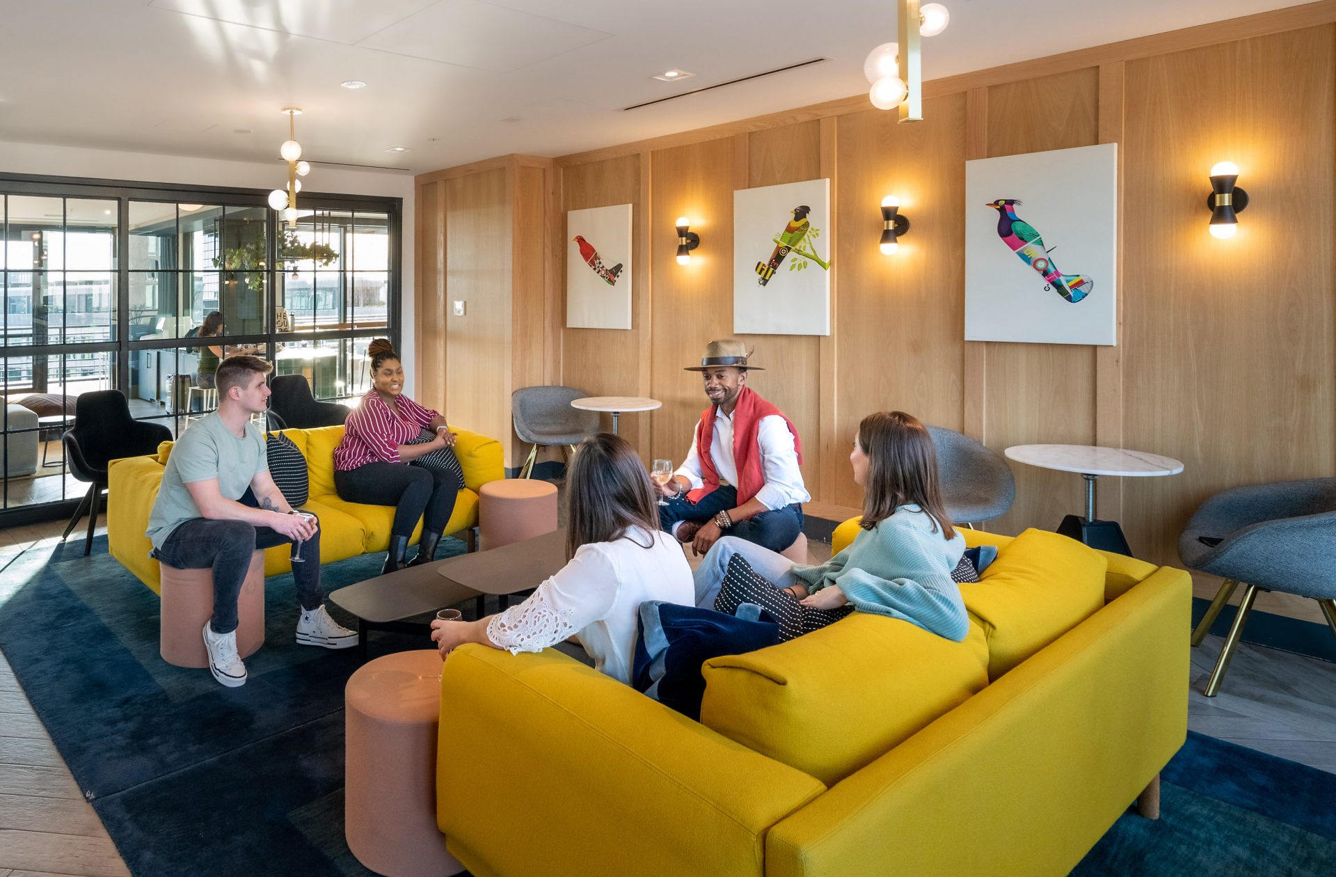 comfortable seating area with yellow sofa